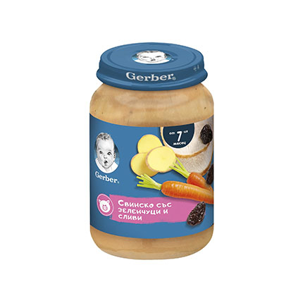 Пюре Гербер 190г Свинско със зеленчуци и сливи Пюре Гербер 190г Свинско със зеленчуци и сливи