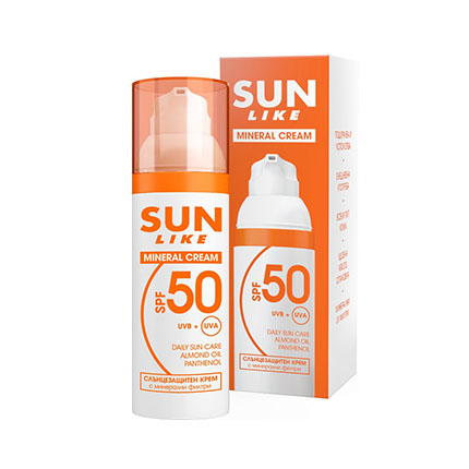 Слънцезащитен крем за лице Сън Лайк 50мл Минерал SPF50 Слънцезащитен крем за лице Сън Лайк 50мл Минерал SPF50