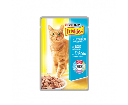 Храна за котки Фрискас 85г Пауч Хапки сьомга в сос Храна за котки Фрискас 85г Пауч Хапки сьомга в сос