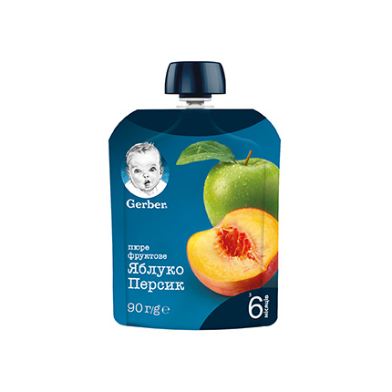 Плодов мус Гербер 90г Ябълка и праскова Плодов мус Гербер 90г Ябълка и праскова