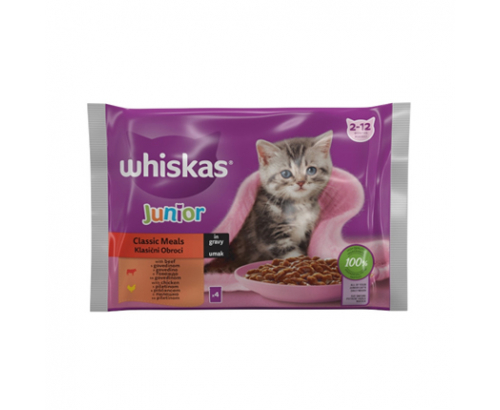Храна за котки Уискас Джуниър 4х85г Пауч Месни Ястия Храна за котки Уискас Джуниър 4х85г Пауч Месни Ястия