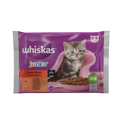 Храна за котки Уискас Джуниър 4х85г Пауч Месни Ястия
