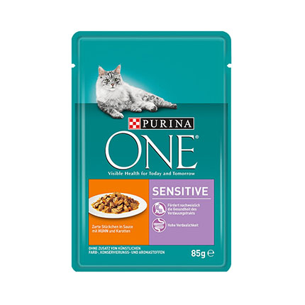 Храна за котки Пюрина Сензитив 85г Пауч Пилешко месо и морков