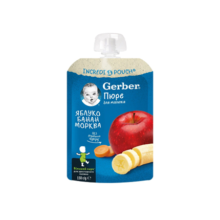 Плодов мус Гербер 150г Ябълка, банан и морков Плодов мус Гербер 150г Ябълка, банан и морков