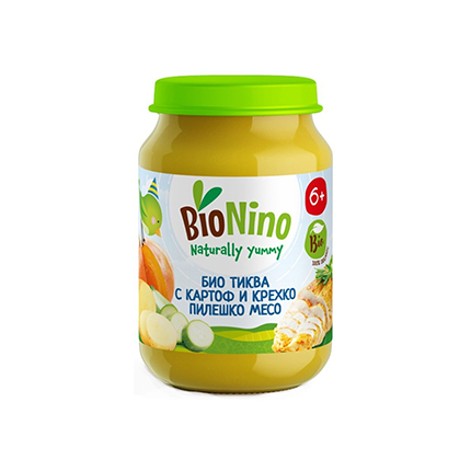Био пюре Бионино 190г 6М+ Тиква, картоф, тиквички и пилешко месо