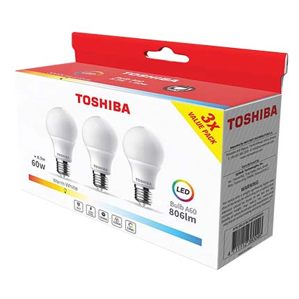 Лед крушка Тошиба 8.5=60W E27 3000К 806LM 3бр Лед крушка Тошиба 8.5=60W E27 3000К 806LM 3бр
