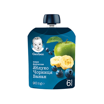 Плодов мус Гербер 90г Ябълка, боровинка и банан