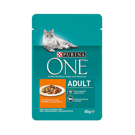 Храна за котки Пюрина 85г Пауч Пилешко месо и зелен боб