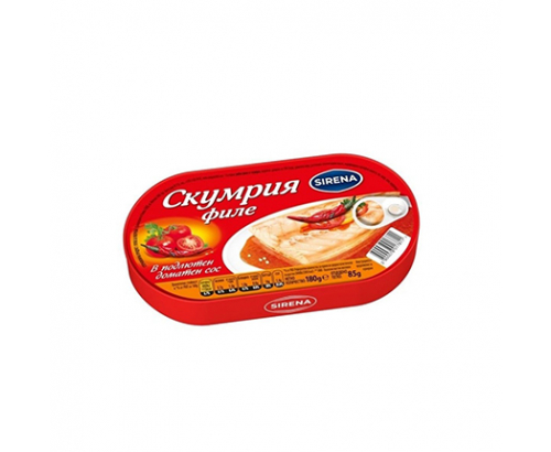 Скумрия Сирена 180г в доматен сос филе в подлютен доматен сос Скумрия Сирена 180г в доматен сос филе в подлютен доматен сос