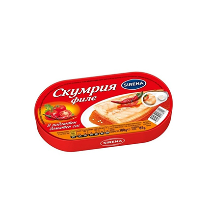 Скумрия Сирена 180г  в доматен сос филе в подлютен доматен сос