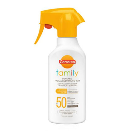 Слънцезащитно мляко - спрей Каротен Фемили SPF50 270мл Слънцезащитно мляко - спрей Каротен Фемили SPF50 270мл