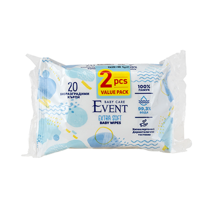 Влажни кърпи Евент Бебе Екстра Софт 2х20бр С 99,3% вода Влажни кърпи Евент Бебе Екстра Софт 2х20бр С 99,3% вода