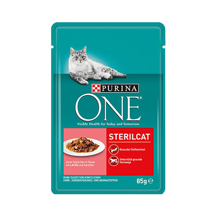 Храна за котки Пюрина Стерил 85г Пауч Сьомга и морков