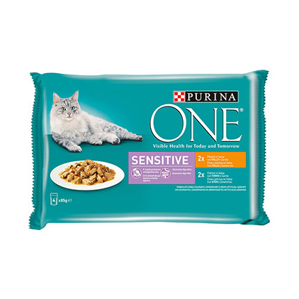 Храна за котки Пюрина Сензитив 4х85г Пауч Пилешко месо и риба тон