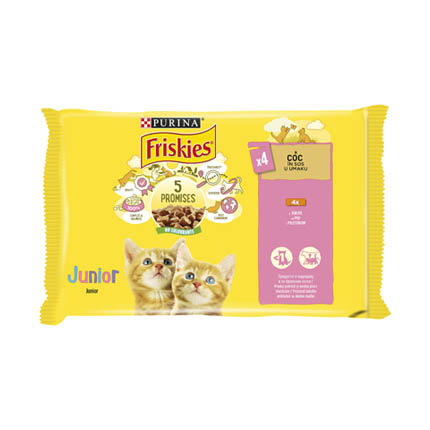 Храна за котки Фрискас Джуниър 4х85г Пауч Пилешки хапки в сос