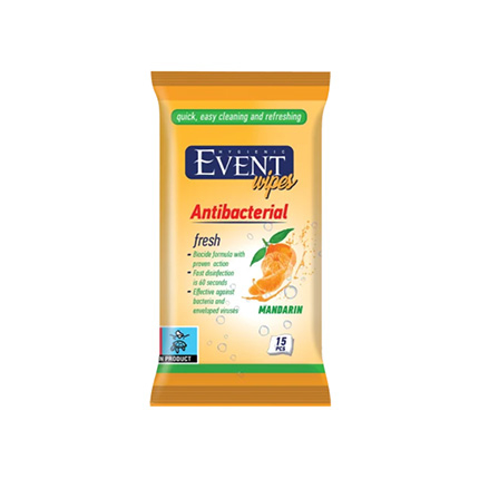 Антибактериални влажни кърпи Евент 15бр Мандарина Антибактериални влажни кърпи Евент 15бр Мандарина