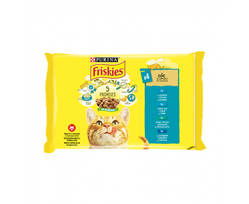 Храна за котки Фрискас 4х85г Пауч Рибни хапки в сос Храна за котки Фрискас 4х85г Пауч Рибни хапки в сос